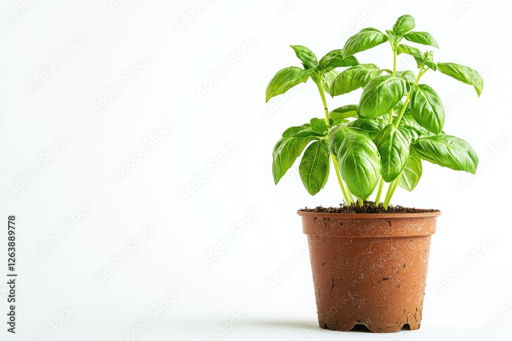 Fresh Green Basil Plant in a Terracotta Pot on a White Background, Ideal for Culinary Use and Home Gardening Inspiration with Natural Aesthetics Fresh Green Basil Plant in a Terracotta Pot on a White Background, Ideal for Culinary Use and Home Gardening Inspiration with Natural Aesthetics