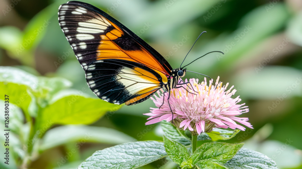 Vibrant Butterfly Resting on Pink Flower in Lush Garden. Concept of Nature Beauty, Serenity, Vibrant Colors, Wildlife Observation Vibrant Butterfly Resting on Pink Flower in Lush Garden. Concept of Nature Beauty, Serenity, Vibrant Colors, Wildlife Observation
