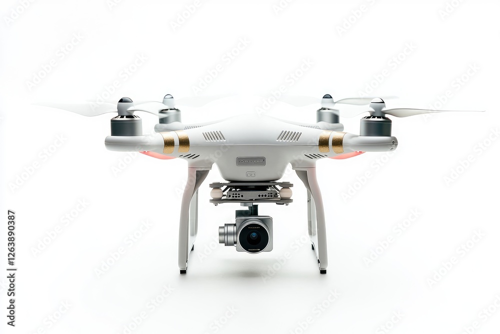 Front view of a modern quadcopter drone with camera on a light background showcasing technology innovation and aerial photography capabilities Front view of a modern quadcopter drone with camera on a light background showcasing technology innovation and aerial photography capabilities