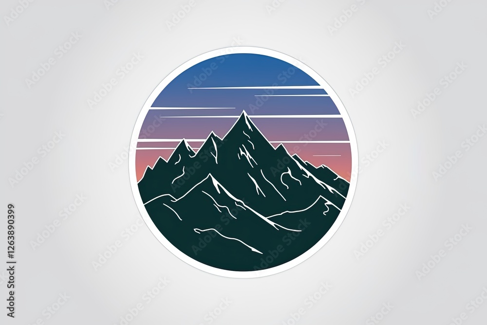 Mountain Illustration in Circle, Minimalist Graphic, Gradient Sky, Dark Blue-Green Peaks, White Outline, Linear, Serene, Outdoors, Adventure Theme Mountain Illustration in Circle, Minimalist Graphic, Gradient Sky, Dark Blue-Green Peaks, White Outline, Linear, Serene, Outdoors, Adventure Theme