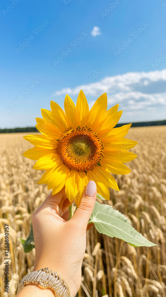 Fototapeta premium Hand Holding Vibrant Sunflower in Sharp Focus Against Golden Wheat Field and Blue Sky Backdrop Concept of Nature Beauty Summer Tranquility Vibrance. Vertical