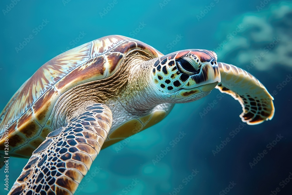 Fototapeta premium Graceful Sea Turtle Gliding Through Crystal Clear Ocean Waters Surrounded by Vibrant Coral Reefs and Marine Life, Captured Underwater