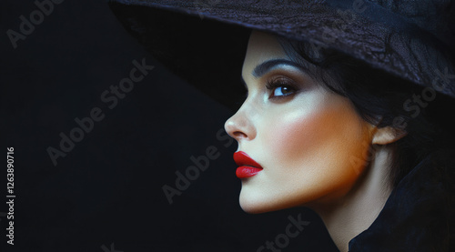 A woman in profile giving a sidelong glance. Low-key image. Suspicious expression. A beautiful complexion. Makeup and cosmetics. Hat with a broad brim. Mysterious atmosphere.