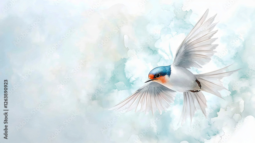 Fototapeta premium Watercolor Illustration of a Graceful Barn Swallow in Mid-Flight with Soft Cloudy Background. Copy space