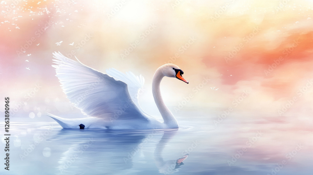 Fototapeta premium Watercolor Illustration of Graceful White Swan Gliding on Tranquil Lake at Sunset with Soft Pastel Sky Reflection. Copy space