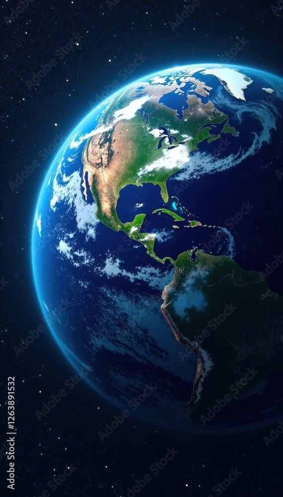 Fototapeta premium Planet Earth seen from space with a bright blue marble atmosphere surrounding the planet, globe, astronomy