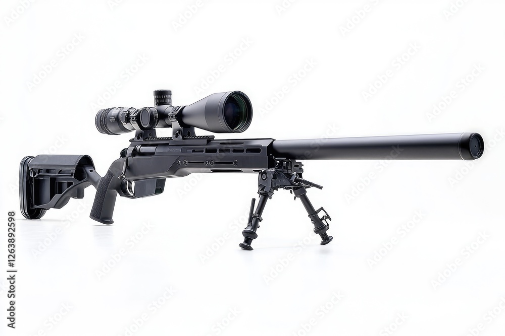 Modern Precision Rifle with Scope and Bipod on a White Background for Firearm Enthusiasts and Shooting Sports Enthusiasts Modern Precision Rifle with Scope and Bipod on a White Background for Firearm Enthusiasts and Shooting Sports Enthusiasts