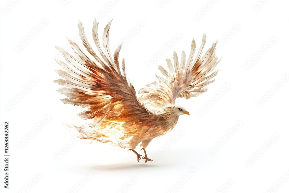 Obraz premium Majestic Bird in Flight with Graceful Wings and Fiery Feathers Illuminating Against a Pure White Background in Stunning Detail