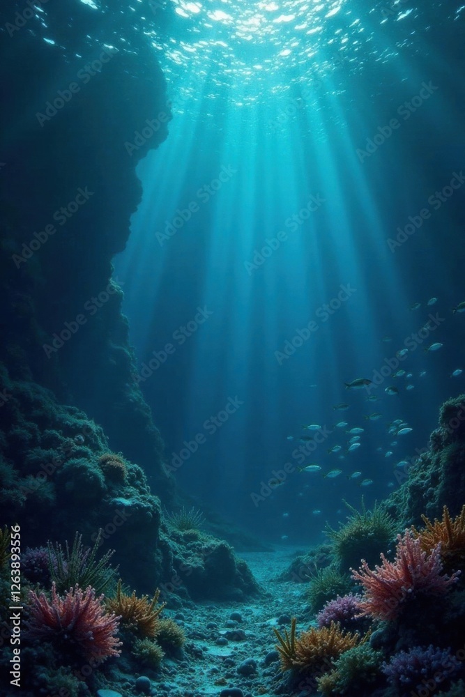 Fototapeta premium Dark blue ocean surface with scattered seaweed and schools of silver fish swimming in the distance, ocean, water, seaweed