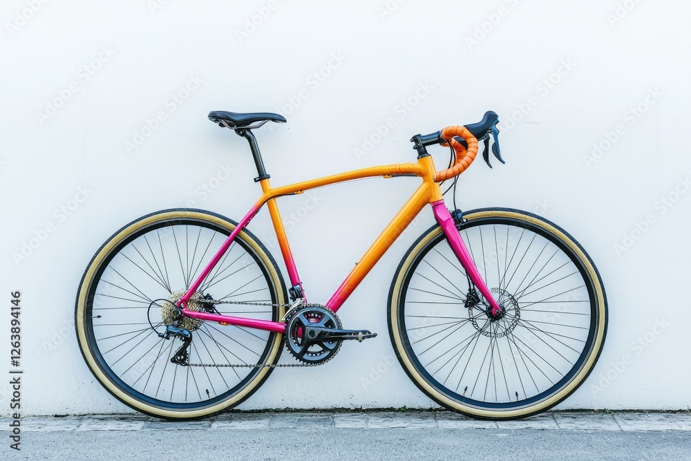 Vibrant and Stylish Bicycle Leaning Against a Bare Wall Perfect for Urban Cycling and Lifestyle Photography Vibrant and Stylish Bicycle Leaning Against a Bare Wall Perfect for Urban Cycling and Lifestyle Photography
