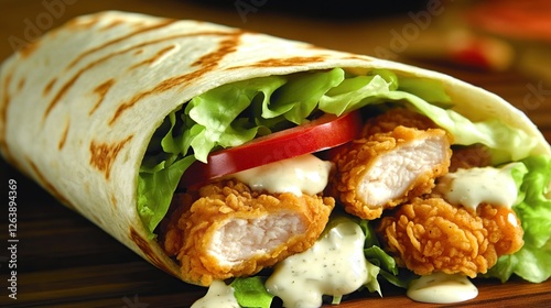 A classic fast food chicken wrap with crispy chicken tenders, lettuce, tomato, and creamy ranch sauce