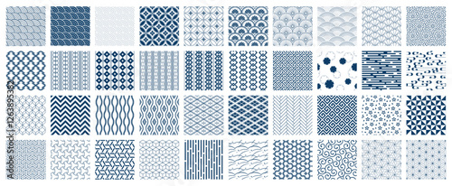 40 different blue Japanese patterns, vector seamless backgrounds/日本の和柄模様のセット　青