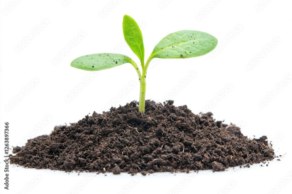 Fresh Green Seedling Growing from Dark Rich Soil on White Background Symbolizing Hope, Growth, and New Beginnings in Nature's Cycle Fresh Green Seedling Growing from Dark Rich Soil on White Background Symbolizing Hope, Growth, and New Beginnings in Nature's Cycle