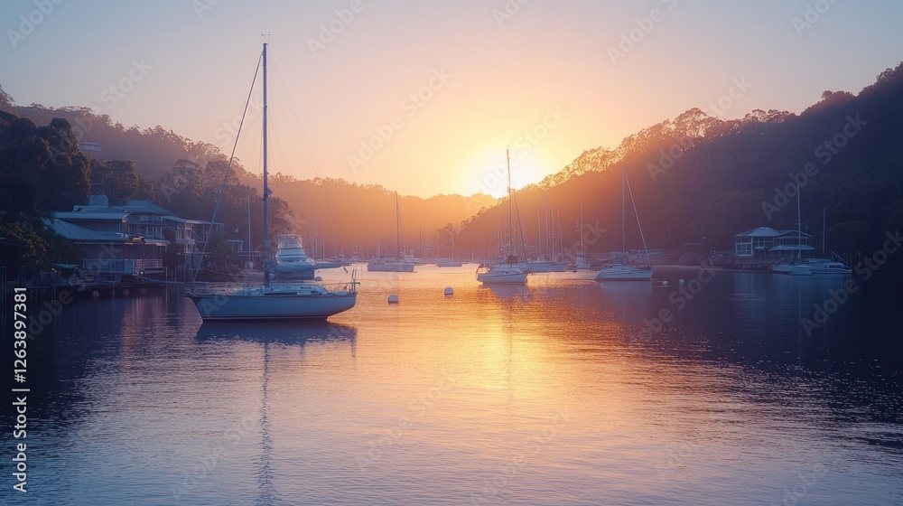 Sunrise Serenity Over Calm Water Boats Docked