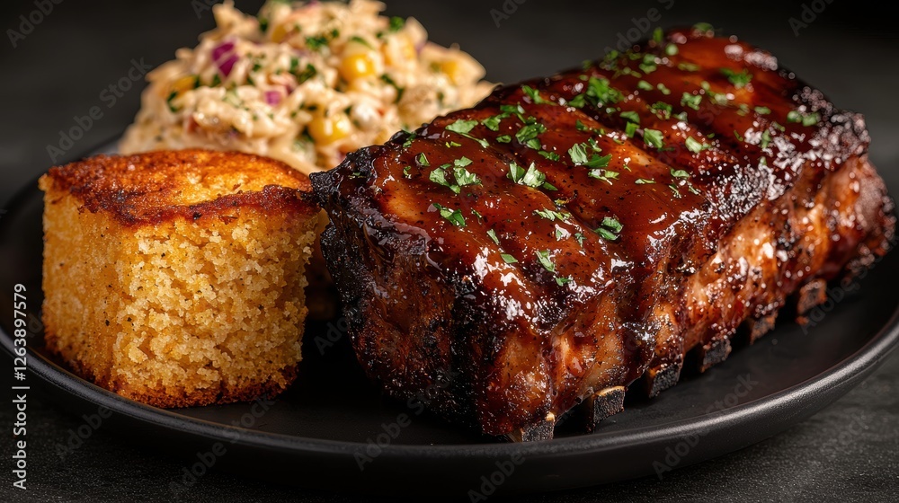 A rack of ribs with cornbread and coleslaw on a plate. A rack of ribs with cornbread and coleslaw on a plate.