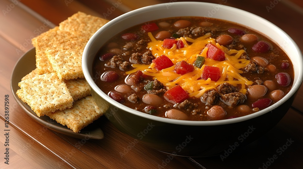 A bowl of chili with seasoned beef, beans, and cheese, served with a side of cornbread or crackers A bowl of chili with seasoned beef, beans, and cheese, served with a side of cornbread or crackers