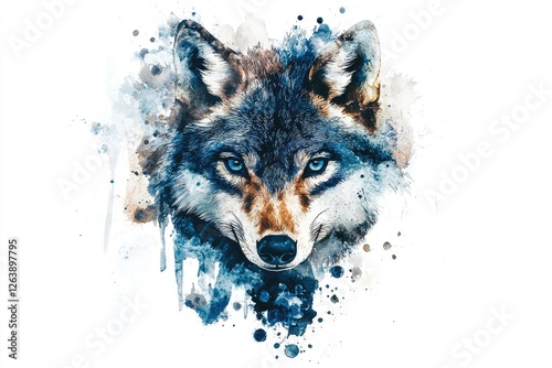Wallpaper Mural Majestic Artistic Watercolor Portrait of a Wolf with Striking Features Surrounded by Vibrant Splash of Colors on a White Background Torontodigital.ca