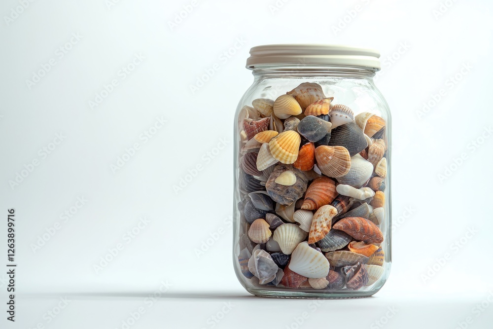 Colorful Sea Shells in a Clear Glass Jar Capturing the Beauty of Nature and Beach Treasures in a Minimalistic Decorative Display Colorful Sea Shells in a Clear Glass Jar Capturing the Beauty of Nature and Beach Treasures in a Minimalistic Decorative Display