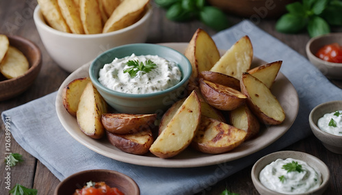 potato wedges with tzatziki dip on a plate