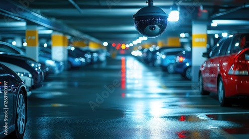 Wallpaper Mural Surveillance camera in modern underground parking garage with multiple cars and bright lighting Torontodigital.ca