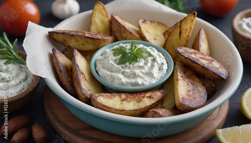 potato wedges with tzatziki dip in a bowl