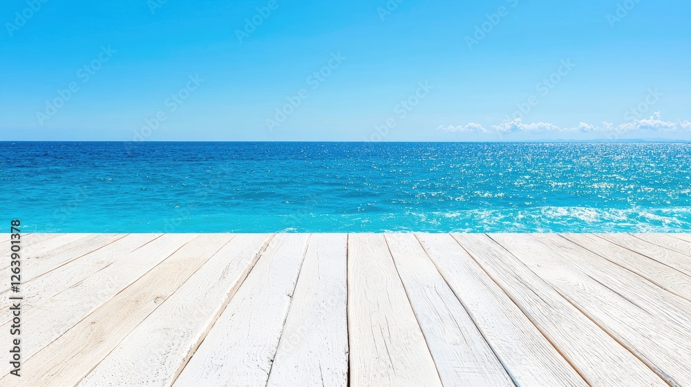 Fototapeta premium Summer ocean view; wooden deck; bright sky; calm sea; travel