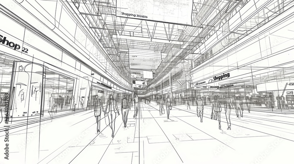 A detailed wireframe illustration of a shopping mall interior, featuring multiple levels, shops, and human figures, rendered in a black-and-white sketch style. AI generated.