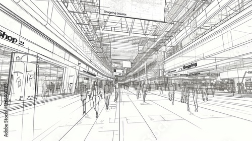 Obraz na płótnie A detailed wireframe illustration of a shopping mall interior, featuring multiple levels, shops, and human figures, rendered in a black-and-white sketch style. AI generated. w salonie