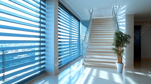 Modern home, blue blinds, staircase, city view, interior design