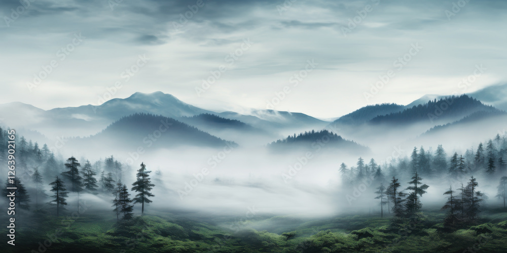 Misty mountains and dense forests create serene landscape, evoking sense of tranquility and mystery. fog envelops hills, enhancing natural beauty Misty mountains and dense forests create serene landscape, evoking sense of tranquility and mystery. fog envelops hills, enhancing natural beauty