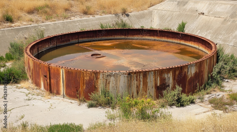 Fototapeta premium Rusty Circular Tank Surrounded by Dry Grass and Weeds in Landscape