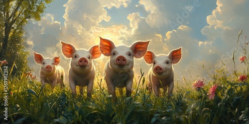 Three elegant white pigs stand amidst a sea of tall grass; the central pig gazes directly at you while its companion peers to the side, enveloped by vibrant hues and serene tranquility photo