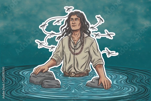 Illustrative portrayal of a man surrounded by mosquitoes in water, serene mood, brown hair, wearing a beige shirt and beads, teal textured background photo