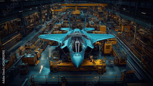 Advanced fighter jet in industrial hangar with complex machinery and equipment