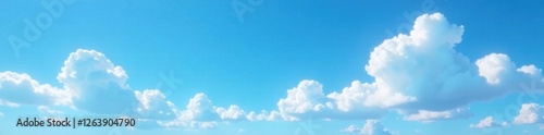 Serene blue sky with few white puffy clouds against a bright sunny background , Outside, Nature