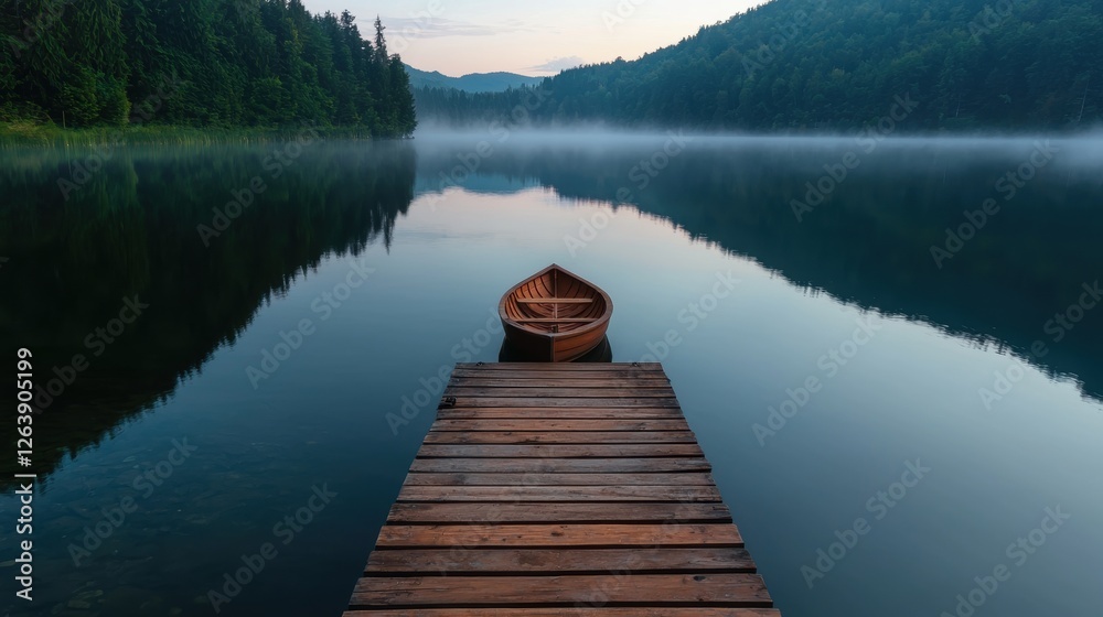 Naklejka premium A wooden boat tied to a dock on a misty lake.