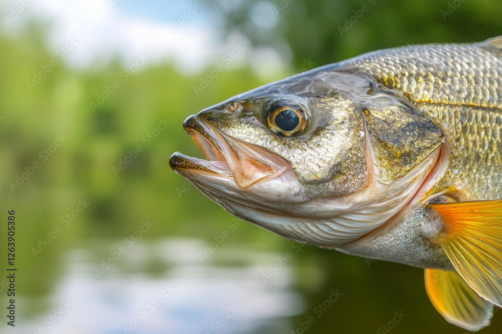 Close-up of perch fish with detailed scales and vibrant fin in natural habitat Close-up of perch fish with detailed scales and vibrant fin in natural habitat