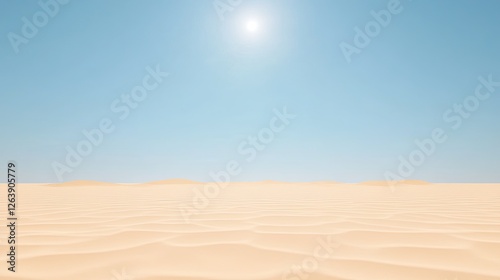 Vast desert landscape under a clear blue sky with distant dunes and bright sun, serene atmosphere