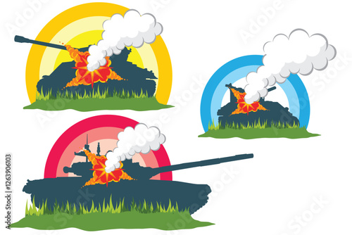 Vector illustration of a tank exploding by a bomb. Silhouette illustration of a tense war