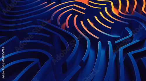 Abstract maze of shifting pathways, bold navy background, vision for future opportunities. Shifting Geometries. Illustration photo