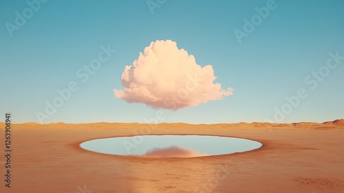 Surreal landscape featuring a solitary pink cloud above a reflective pool in a desert setting