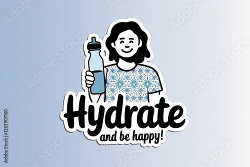 Whimsical Illustration of Woman with Water Bottle and 