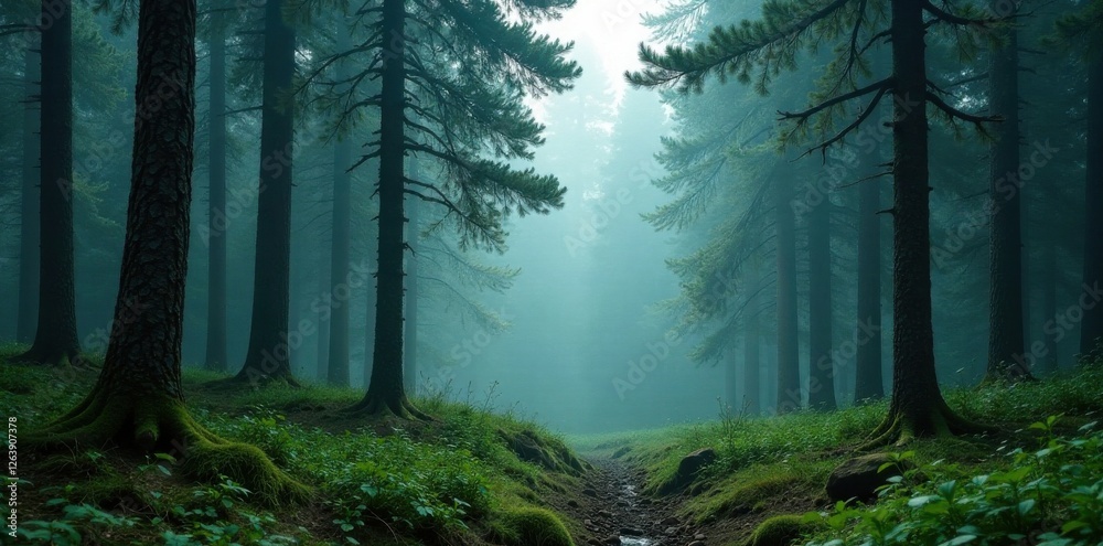 Obraz premium Dense fir forest with misty atmosphere and ancient trees, vintage, atmospheric