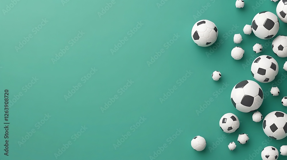 Teal Background 3D Render of Soccer Balls Cascading Down AI Generated Teal Background 3D Render of Soccer Balls Cascading Down AI Generated