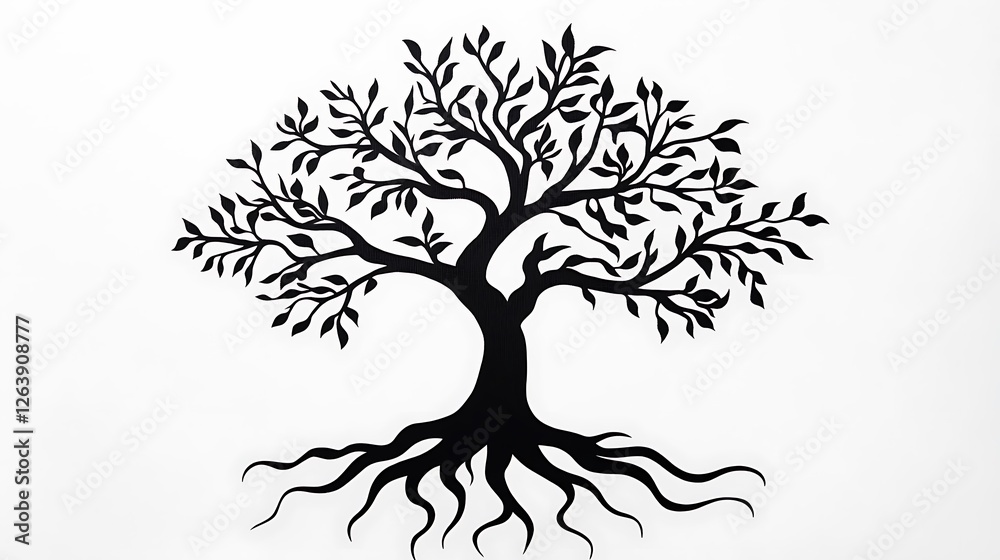 Obraz premium Elegant Black Ink Tree Illustration: Detailed Roots and Branches AI Generated