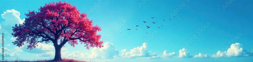 Silhouette of tree with birds flying in blue sky, sky, trees, landscape Silhouette of tree with birds flying in blue sky, sky, trees, landscape