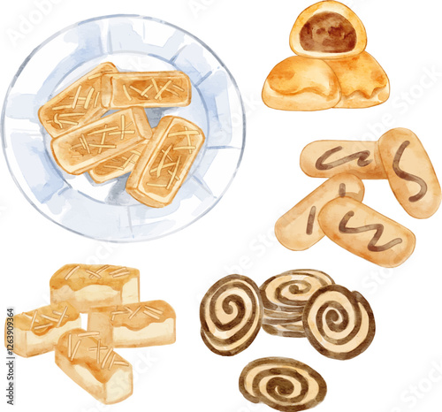 Ramadhan elements of biscuits and cookies set. Watercolor vector set for Ramadhan and Eid Al Fitr project