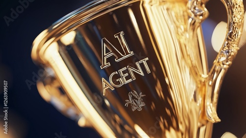 A golden trophy with the words AI Agent symbolizing autonomy and the success of agentic workers in business and the achievement of a winner