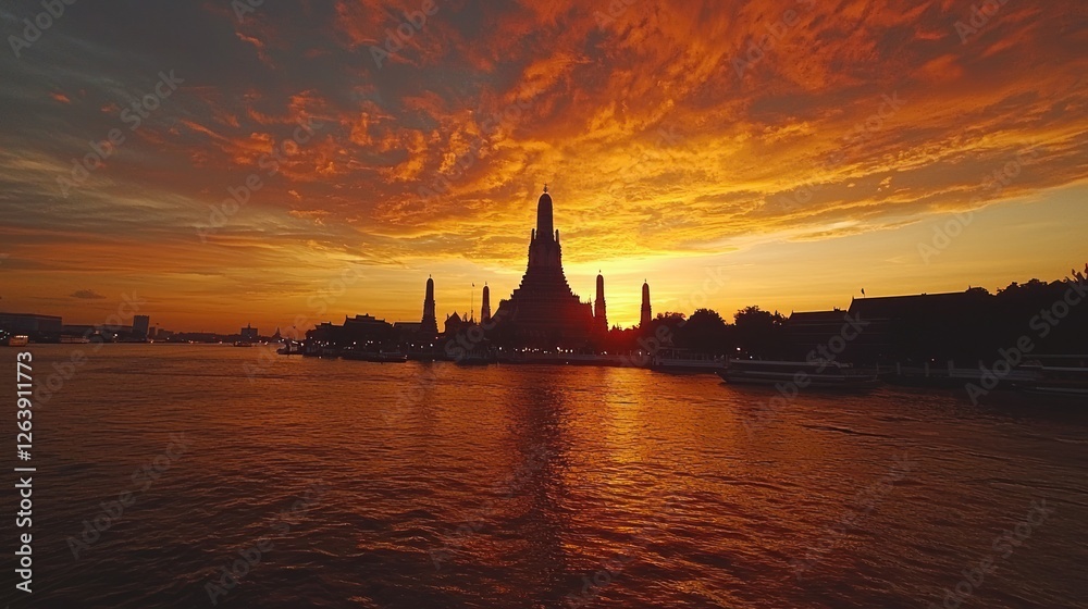 Obraz premium Temple Silhouette at Sunset Over Water