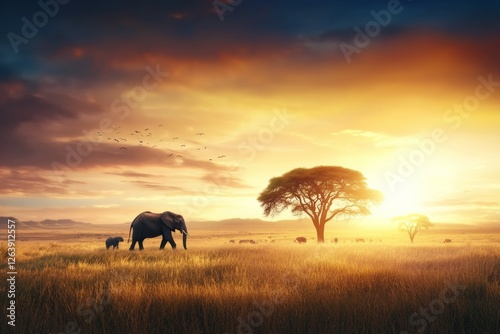 The sky is orange and the sun is setting, savannah with elephants concept